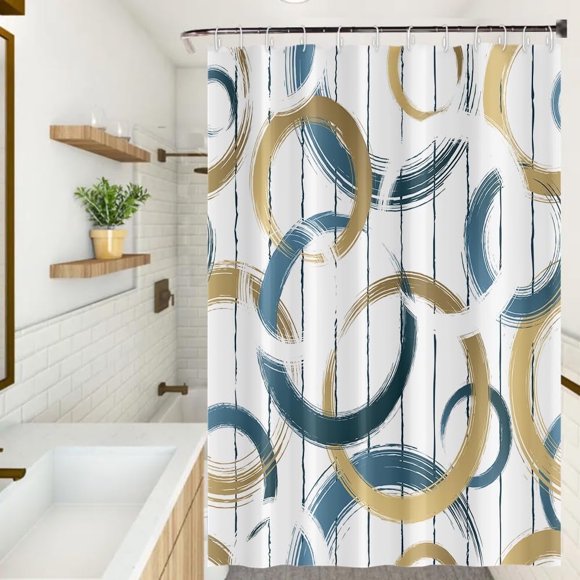 Rideaux de Douche Géométriques Abstraits Bleu Brun Motif Cercle Rond Tissu Polyester Rideaux de Bain Imperméables pour Déco de Salle de Bain Moderne Ensemble avec Crochets, 72l x 84H Pouces
