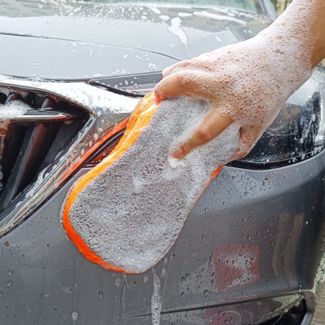 Oleegame 1PC Cleaning Brush Car Cleaning Products Car Cleaning Mesh Sponge Block High Density 8 Figure Absorbent Double Sponge Car Cleaning Sponge Orange