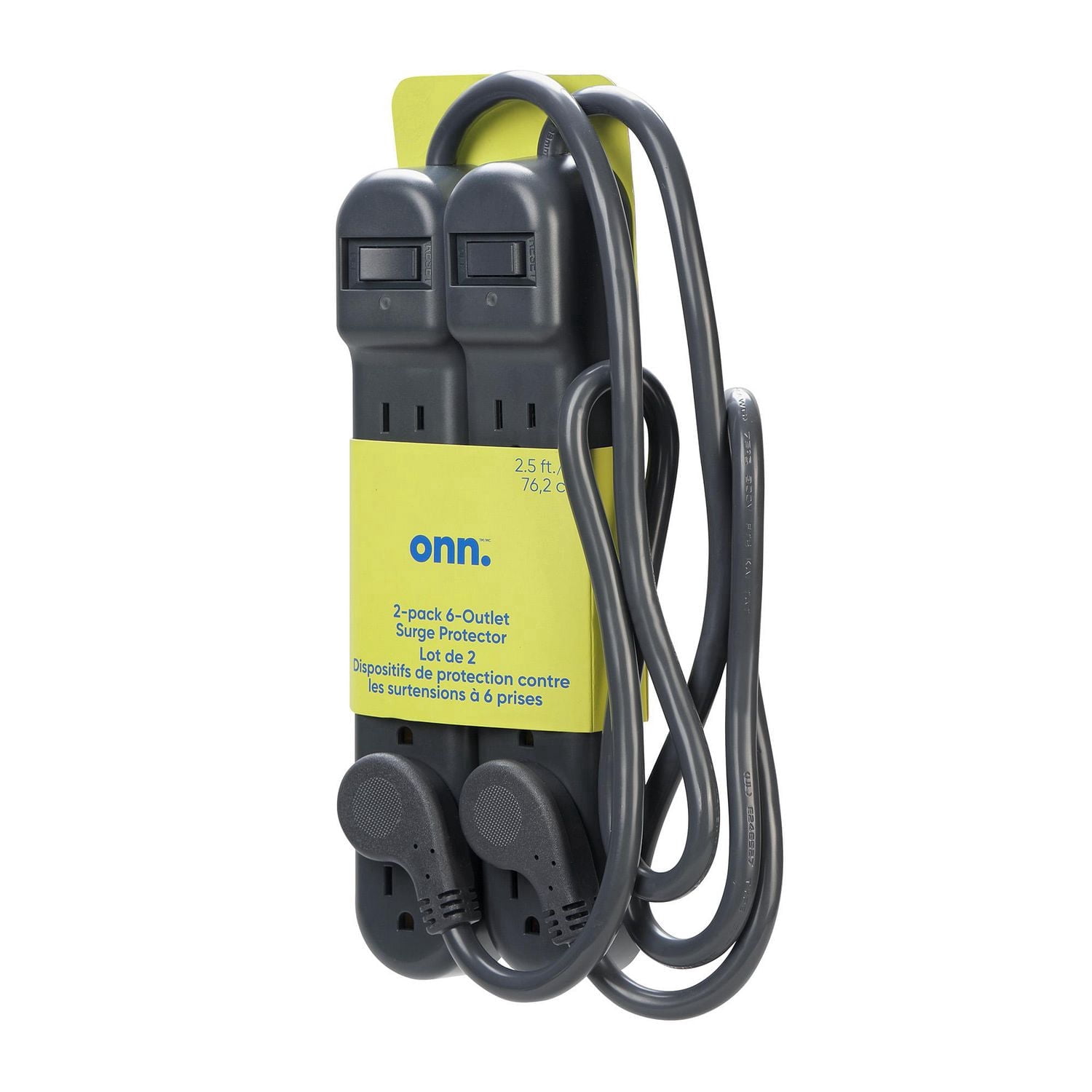 onn. 2.5 FT./76.2 cm 6-Outlet Surge Protectors 2-Pack