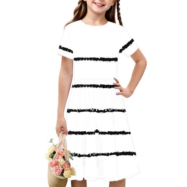 Soldes de Liquidation d'Été Iumwxz Robe Tunique Plissée Robe Ample Ligne A Robes Col Rond Rayé Graphique Robe à Manches Courtes pour Enfants Robes Tendance pour Cadeaux des Fêtes 4-14a