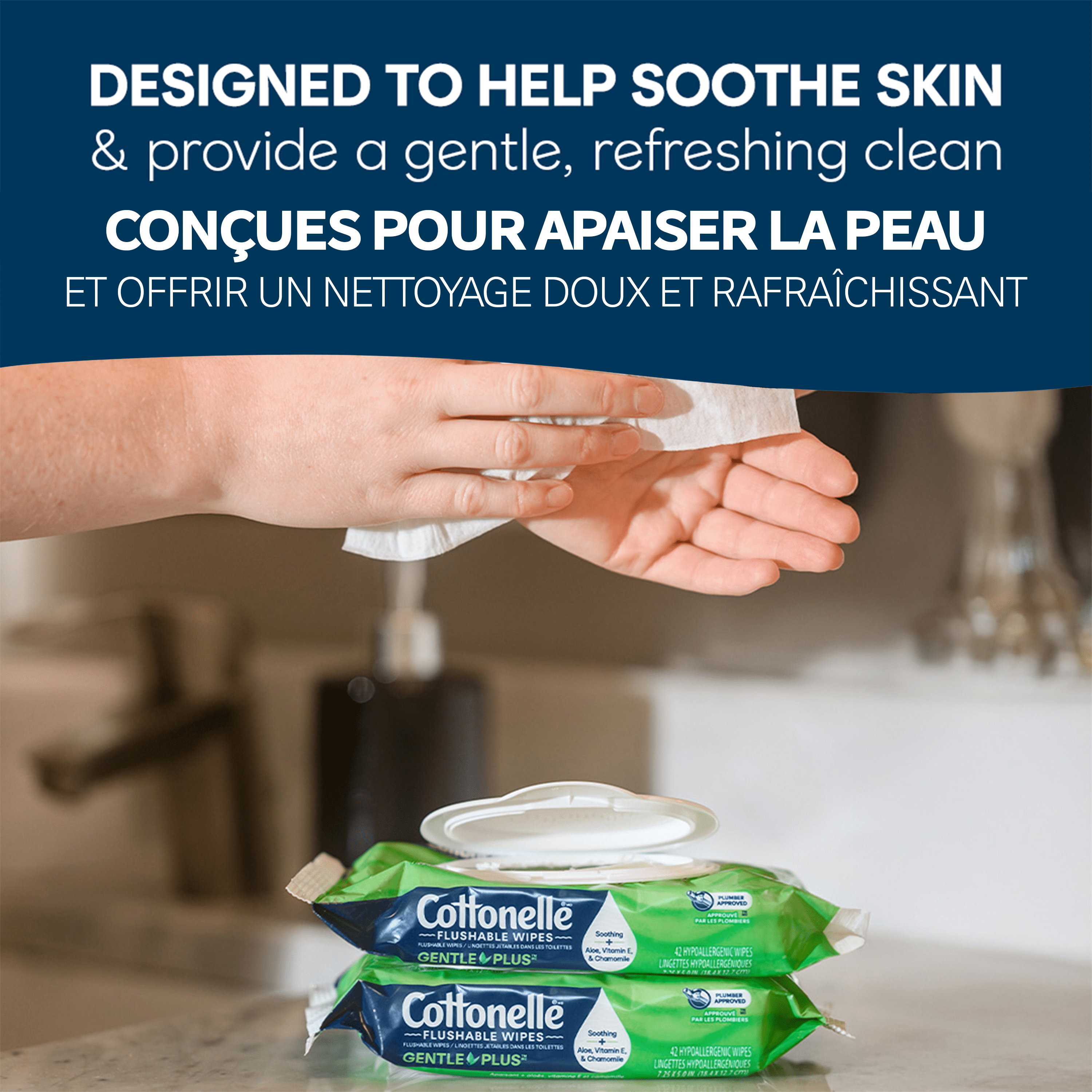 Cottonelle Gentle Plus Lingettes Humides Jetables dans les Toilettes, 8 Paquets à Couvercle Rabattable, 336 Lingettes