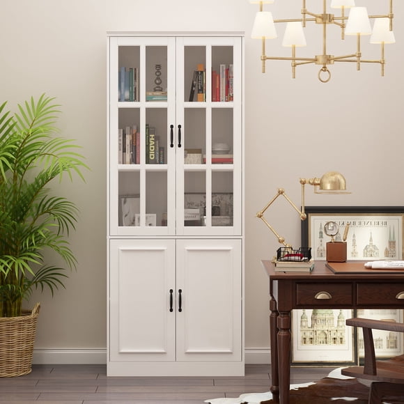 OXYLIFE 5-Tier Bookcase with Glass Door, 78.7" H Tall Display Storage Cabinet, White