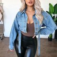 thumbnail image 4 of Veste en Denim pour Femmes Décontractée, Délavée, à Revers, avec Boutons et Poches, Courte, Manteau en Jean pour Dames, 4 of 6