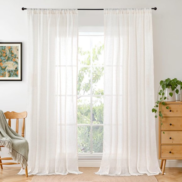 BGment Linen Sheer Curtains 96 Inches Long for Bedroom, Natural Drapes Lightweight for Living Room Dining Decor Floor Length Rustic with Rod Pocket Light Filtering, 2 Pa