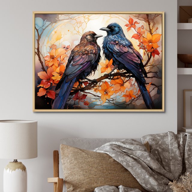 Designart Corbeau art Mural Encadré Surdimensionné, art Mural Encadré Corbeau, Renaissance du Royal Corbeau I, art Mural Encadré Moderne Bleu Naturel, Cadre Couleur Brun Naturel 40x30 Pouces