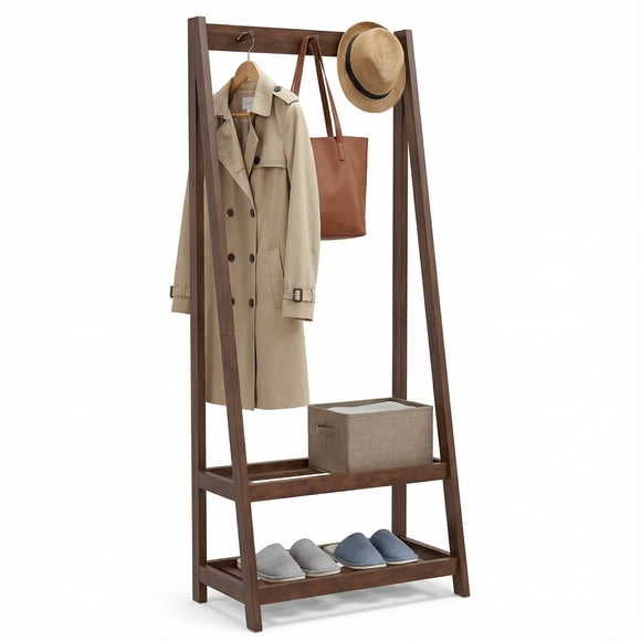 Gymax Rubber Wood Garment Rack w/3 Hooks & 2 Shelves for Entryway Bedroom and Wardrobe