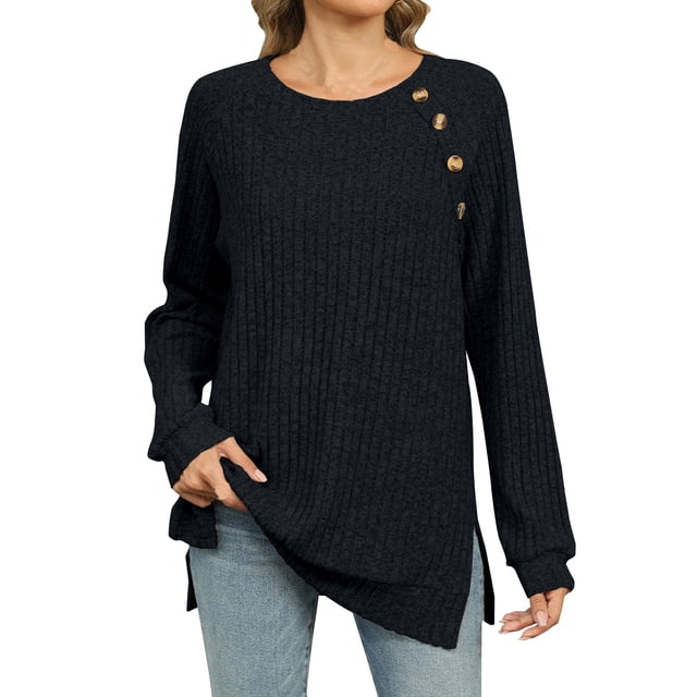 yoeyez Tunique en Tricot pour Femmes, Chandails à Manches Torsadées Patchwork, Col Ras du Cou Raglan, Chemises à Manches Longues, Hauts Mode Automne 2024, Noir, M