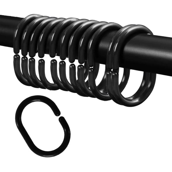 Plastic Shower Curtain Hooks C Shape Shower Curtain Rings for Bathroom Shower Rod Window Curtains Hanger (Black, 12pack)