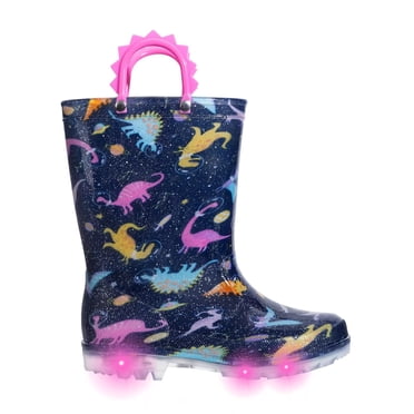 FUNCOO PLUS Toddler Kids Rain Boots Girls Light Up Waterproof Boots with Handles, Pink Dinosaur, Size 8