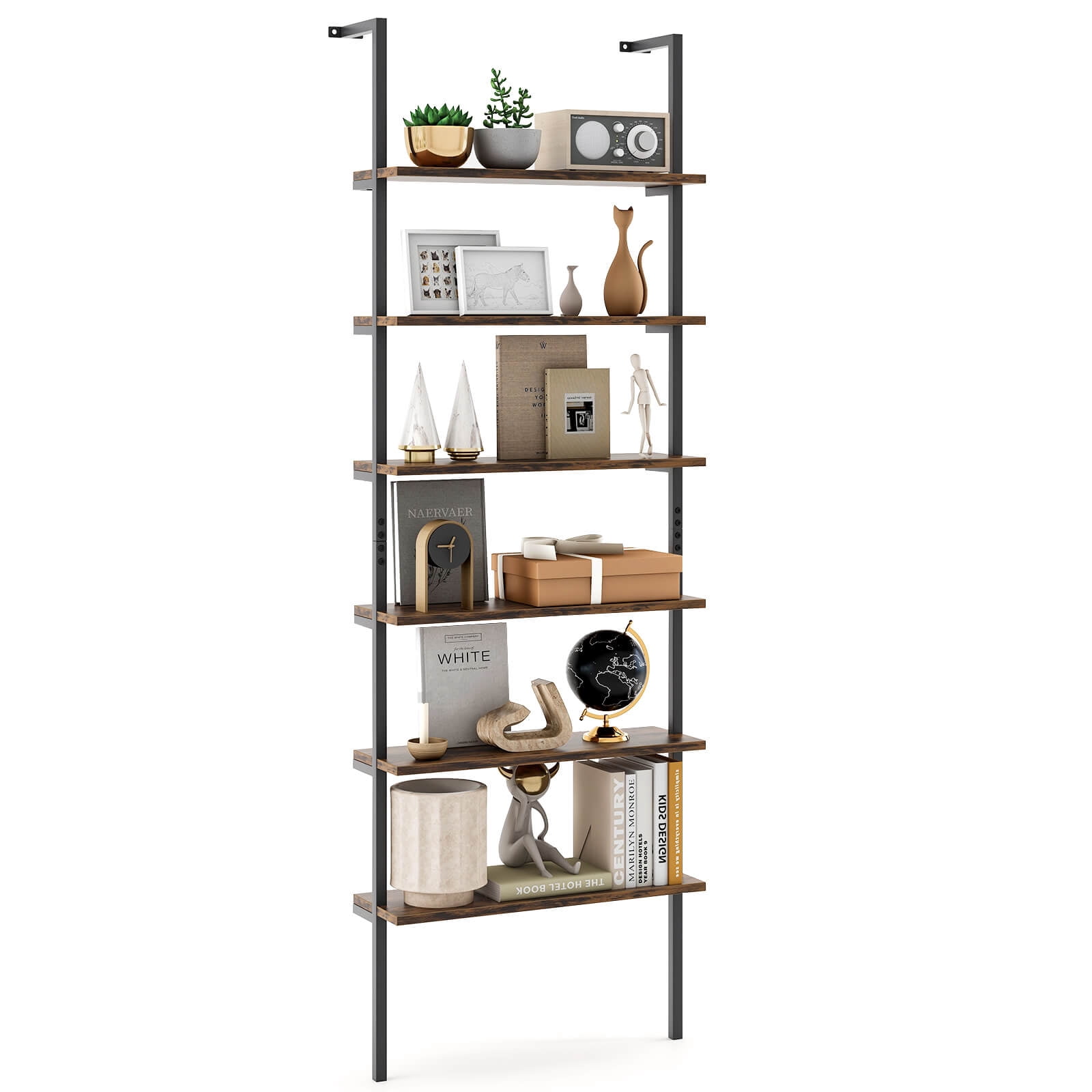 Costway 6-tier Ladder Shelf 72 Inches Industrial Wall Mounted Bookshelf Brown