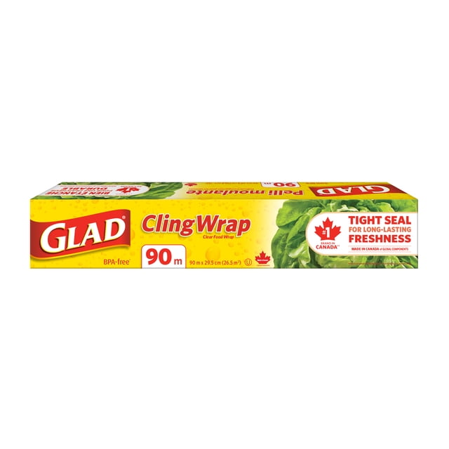 Glad Pellicule Alimentaire Transparente en Boîte Jaune avec Marquage Rouge et Blanc, 90 Mètres de long et Sans BPA, avec Laitue Verte et Étiquette Mettant en Valeur un Sceau Serré pour une Fraîcheur Durable, Fabriqué au Canada, Convient à l'Entreposage des Aliments et à l'Utilisation au Micro-Ondes.