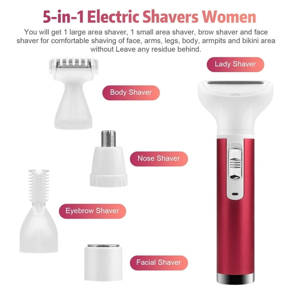 SUTENGDA 5-in-1 Painless Shaver for Women Waterproof Rechargeable Electric Razor Cordless Bikini Wet Dry Trimmer Hair Remover for Legs Underarms Eyebrow Face Body Rose Red