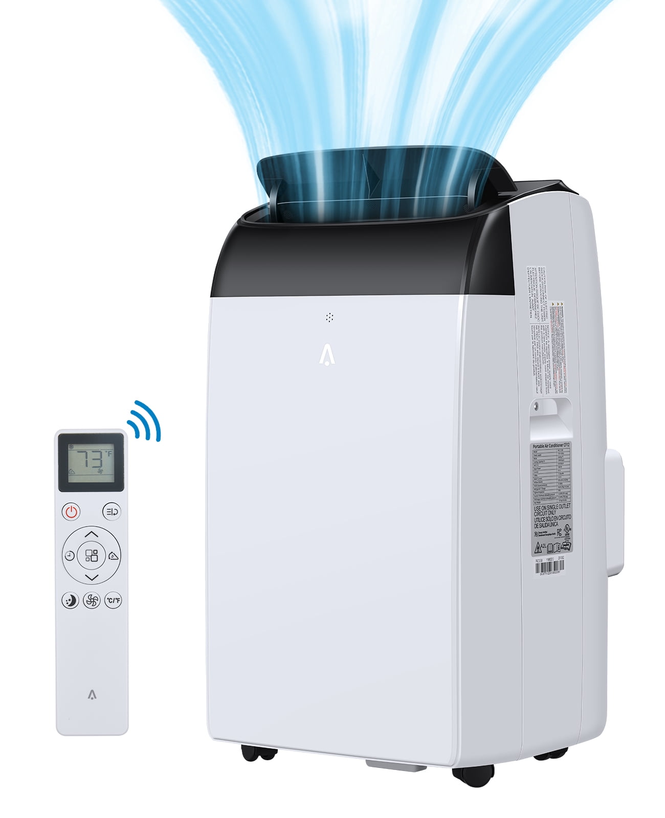 Fast Cooling 12000 BTU Portable Air Conditioner – 3-in-1 AC with Fan & Dehumidifier – Drain-Free, Energy Efficient, Remote, Digital Display, 24H Timer, Easy Install – White Top Cover