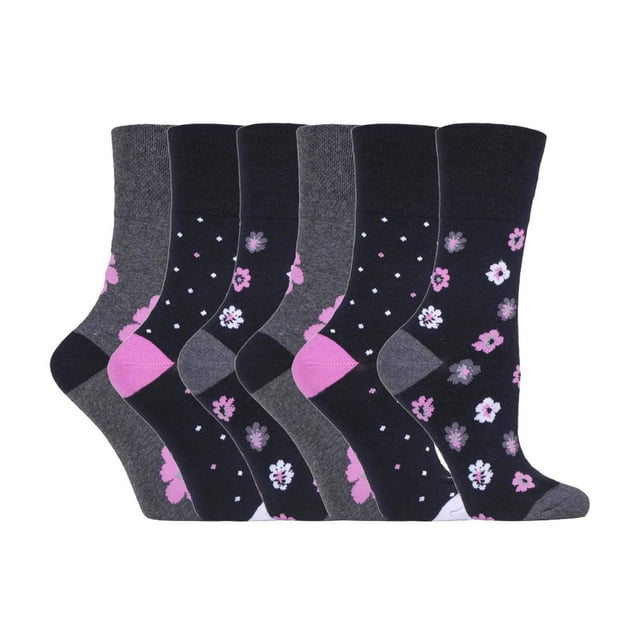 Gentle Grip - 6 Pairs Ladies Gentle Grip Non Elastic Crew Socks featuring a mix of floral and polka dot patterns in shades of black, grey, and pink. These cotton-rich socks are designed with a HoneyComb Top for comfort, ideal for those with circulatory issues or swollen feet. The flat seamed toes enhance wearability, and the gentle grip tops prevent constriction marks while staying securely in place. Suitable for women, one size fits most.