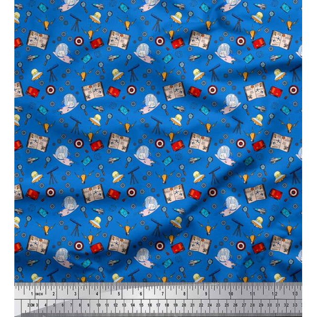 Soimoi Polyester Crepe Fabric Book,Magnifier & Telescope Education Theme Fabric Prints by Yard 42 Inch Wide