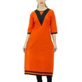 thumbnail image 2 of Bimba kurti pour Femmes en Coton à Manches 3/4, Motif Uni, avec Empiècement Contrastant, 2 of 9