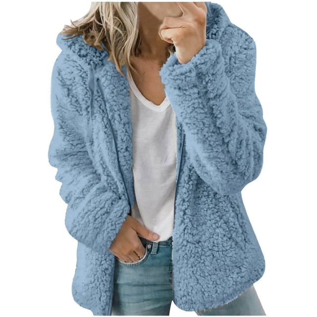 Womens Fuzzy Fleece Jackets 2023 Clearance Solid Zipper Sharpa Coat Fall Winter Warm Thick Hooded Jacket with Pockets