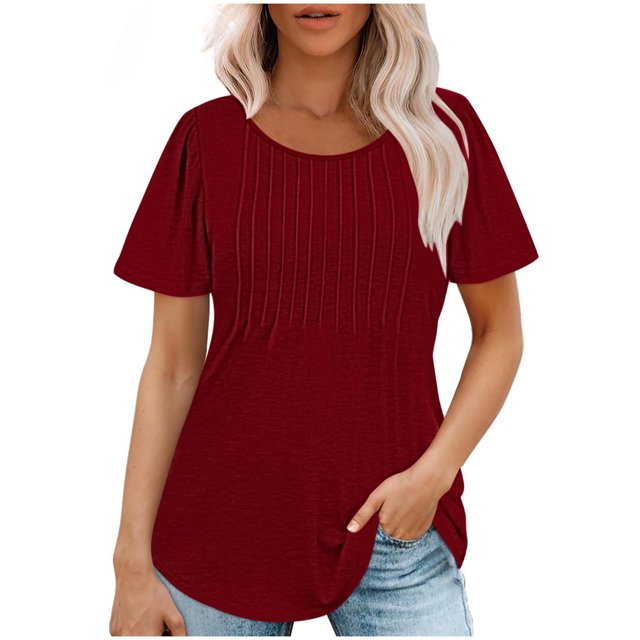 AherBiu Tuniques pour Femmes Amples Décontractées à Manches Courtes Couleur Unie Confortables d'Été à Col Rond Blouse T-Shirts