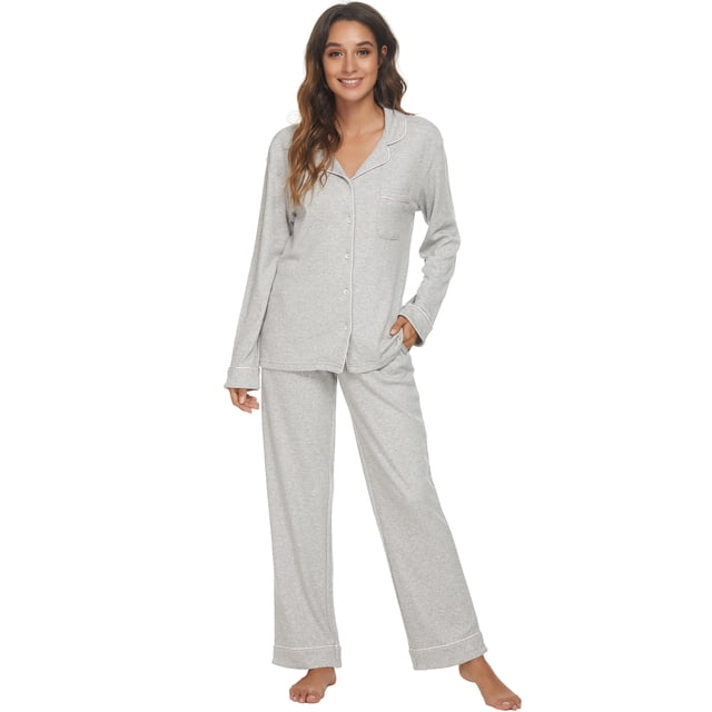 HEARTNICE Women Button up Pajama Set Long Sleeve Sleepwear Lightweight Pjs Set,(Grey Mel,2XL)