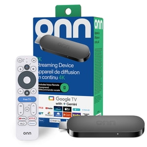Onn 4K Appareil de streaming, Google TV avec Gemini (NEW 2026 Modèle) - Un flux rapide, Ultra HD, 8GB Stockage, 2GB RAM, Télécommande avec commande vocale