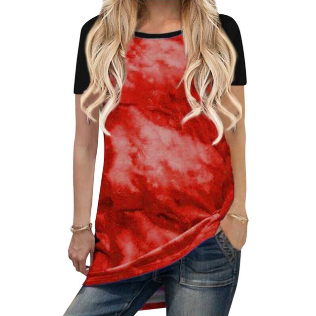 Women Tie-Dyed Print Color Stitching Crew Neck Short Sleeve Tunics Tops