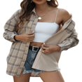 thumbnail image 2 of Fashion Womens Long Sleeve Plaid Patchwork Shirts Flannel Lapel Button Down Shacket Jacket Coats, 2 of 6