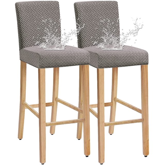 2 Pieces Stretch Check Jacquard Waterproof bar Chair Covers in light gray, crafted from 88% polyester and 12% spandex for great elasticity and waterproof protection. Designed for short rotating dining chairs and bar stools, these slipcovers fit back heights of 11-15 inches, back widths of 14-18 inches, seat lengths of 13-17 inches, and seat widths of 14-18 inches. Featuring a textured check pattern, they are stretchable and suitable for home décor, weddings, banquets, and celebrations.