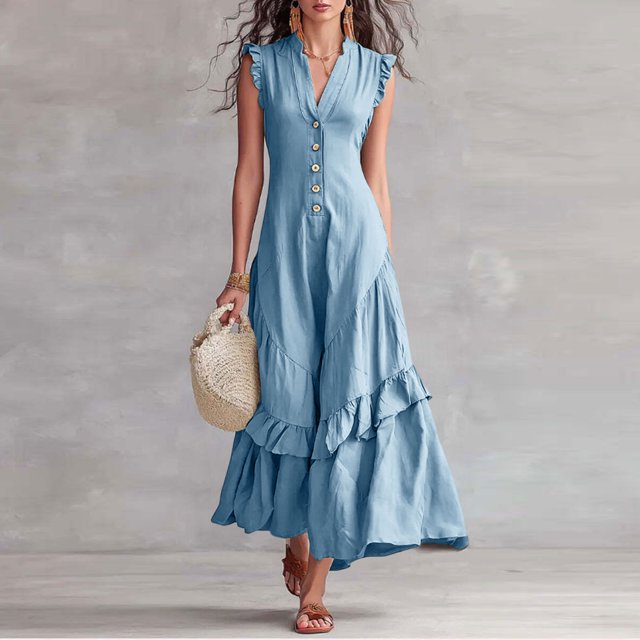 XiYing Robe d'Été, Robe Maxi Classique pour Femme à Col en V Sans Manches avec Emmanchures à Volants et Détail de Boutons à l'Avant pour les Vacances d'Été, M-TTG,
