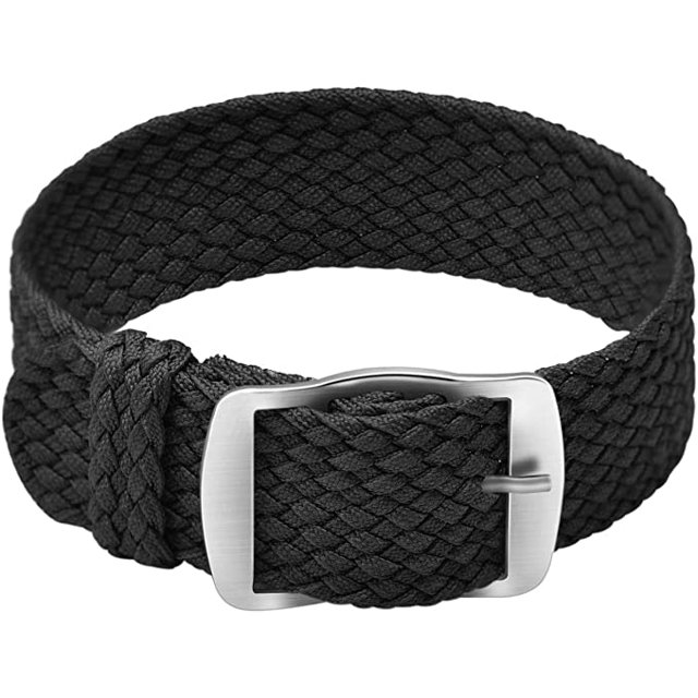 Bracelet Unisexe en Nylon Perlon avec Boucle Argentée en Acier Inoxydable, Noir, 22 mm