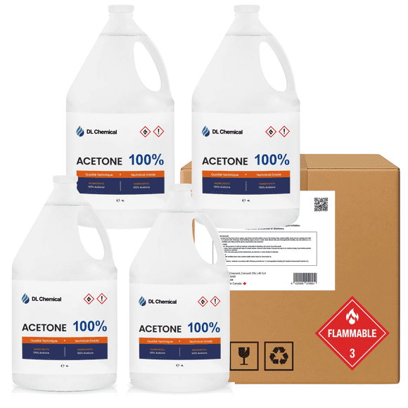 DL Chemical Acetone Tech Grade – Caisse de 4 X 4 L Cruches / Solvant Industriel, Solution Professionnelle de Nettoyage et de Dégraissage