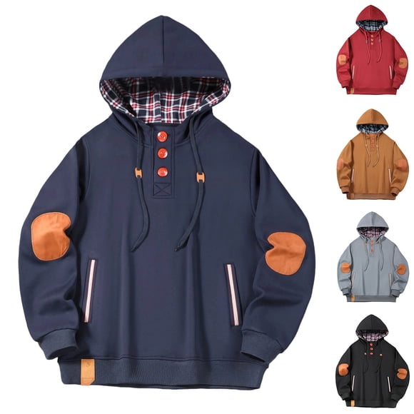 AnuYalue Mens Hooded Sweatshirt Flannel Plaid Lined Hoodies Fleece Long Sleeve Jacket Button Up Color Block Pullover
