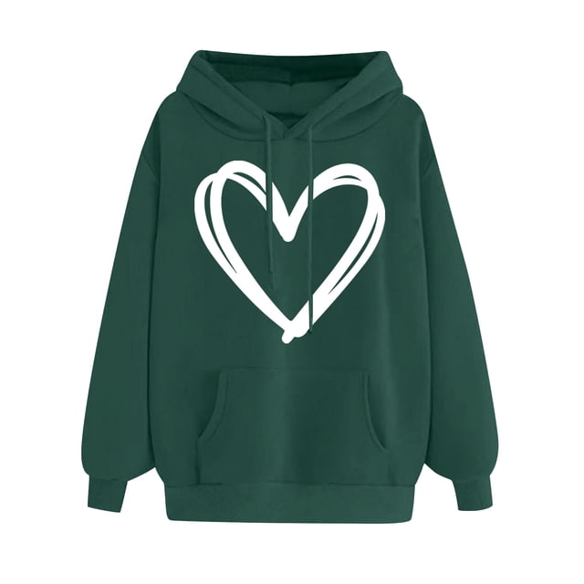 DPTALR Women's Comfortable Sweater Heart Pattern Printed Women's Hooded Pocket Drawstring Sweater