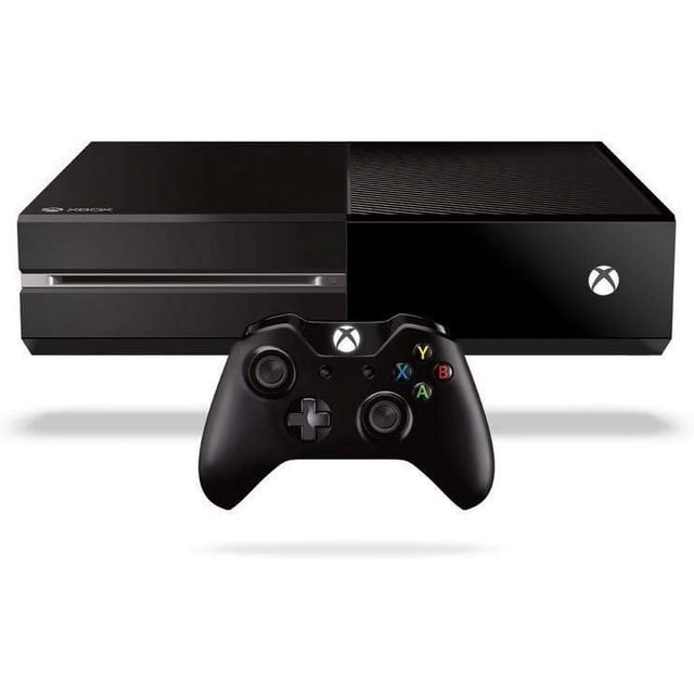 Microsoft Xbox One 1TB video game console in black, refurbished model, paired with a black Retrofam wireless controller. The console offers a sleek design with a disc drive and textured panel, lifelike graphics, voice command capabilities, and functions as a gaming and home entertainment system.