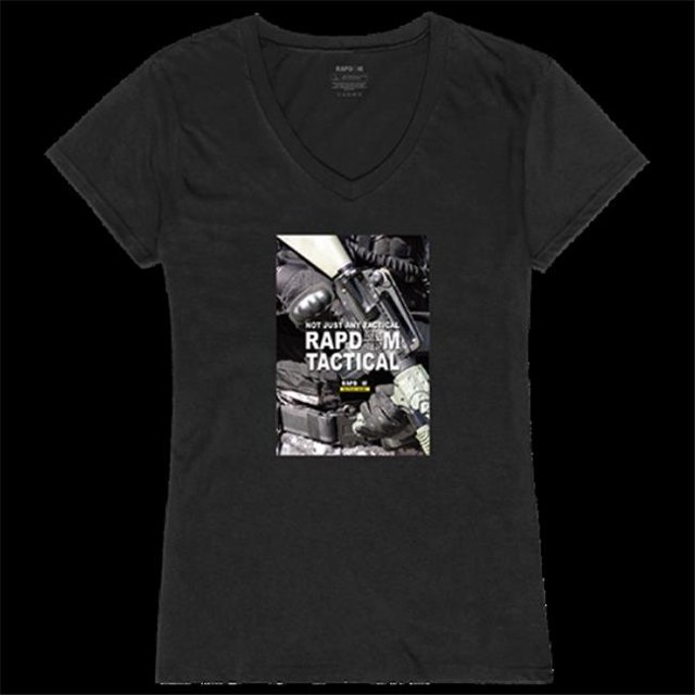 Rapid Dominance GS2-782-BLK-01 T-Shirt Graphique à Manches Courtes Col en V pour Femmes RAPDOM 2, Noir - Petit