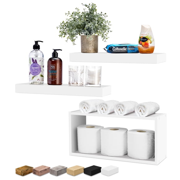 Sorbus Floating Shelves for Wall Set of 3 - Bathroom Shelves for Wall Storage, Over Toilet, Bedroom, Farmhouse, Wall Decor - 2 Floating Shelves with Invisible Brackets & 1 Rectangular Box