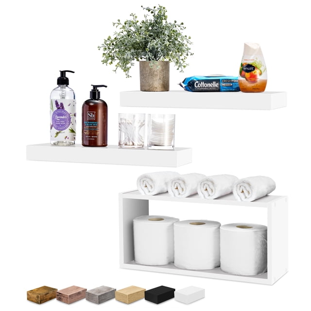 Sorbus Floating Shelves for Wall Set of 3 - Bathroom Shelves for Wall Storage, Over Toilet, Bedroom, Farmhouse, Wall Decor - 2 Floating Shelves with Invisible Brackets & 1 Rectangular Box
