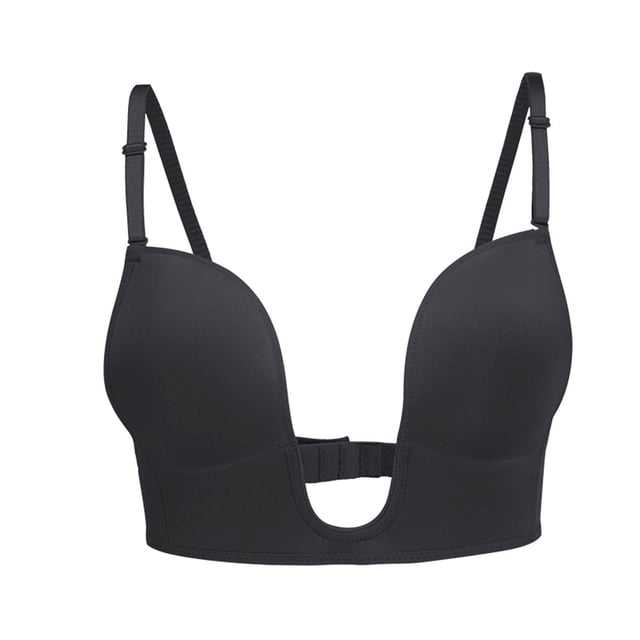 EQWLJWE Womens Low Back Bra Lifting Deep U Shaped Backless Bra with Convertible Clear Straps. A black strapless and convertible bra featuring a deep U-shaped neckline, adjustable clear straps, and a single back buckle for a secure fit. Designed for versatility, it can be worn as a backless, halter, or criss-cross bra, ideal for low-cut or backless dresses. Made from smooth nylon and spandex fabric for comfort and an invisible look under clothing.