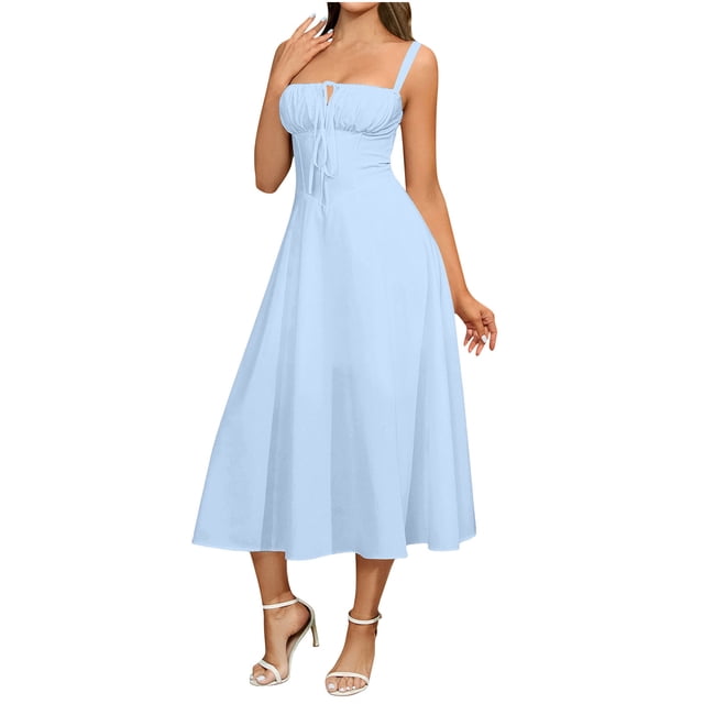 VEKDONE Women's Casual Split Drawstring Sundress With Straps Blue L