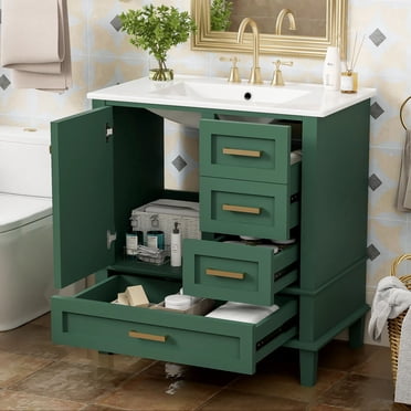 MODERNLUXE 30" Bathroom Vanity with Ceramic Sink,Bathroom Storage Cabinet with 3 Drawers,Wood Frame and 1 Soft Closing Door,Green