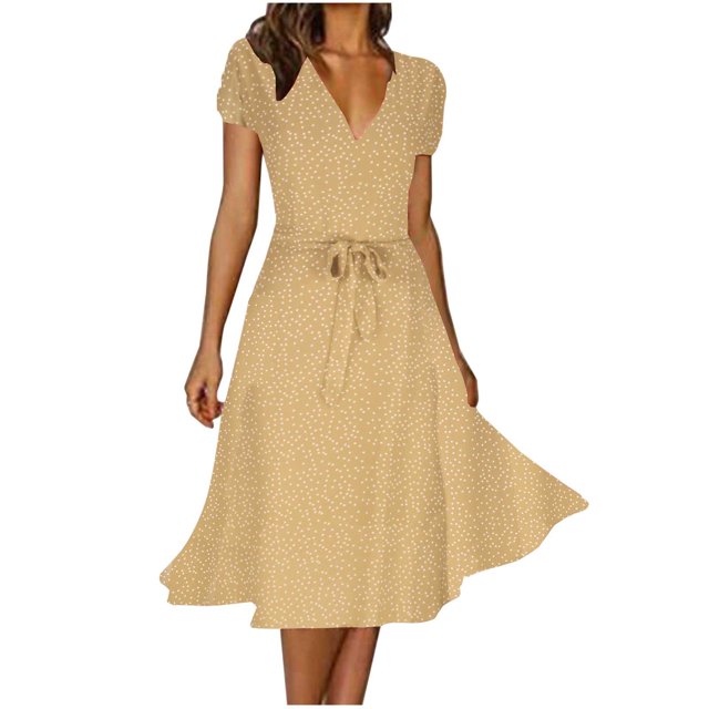 Penkiiy Robe Midi pour Femmes 2024 Été Décontractée à Fleurs à Manches Courtes Smockée Robes Midi Boho à Col en V Robes de Plage Soleil S Kaki