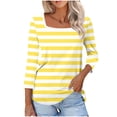 thumbnail image 1 of breaise Chemises à Manches 3/4 pour Femmes, Automne, Rayées, Col Ras du Cou, Hauts Habillés Décontractés, Amples, Blouses de Travail Trois Quarts, Jaune, M, 1 of 6
