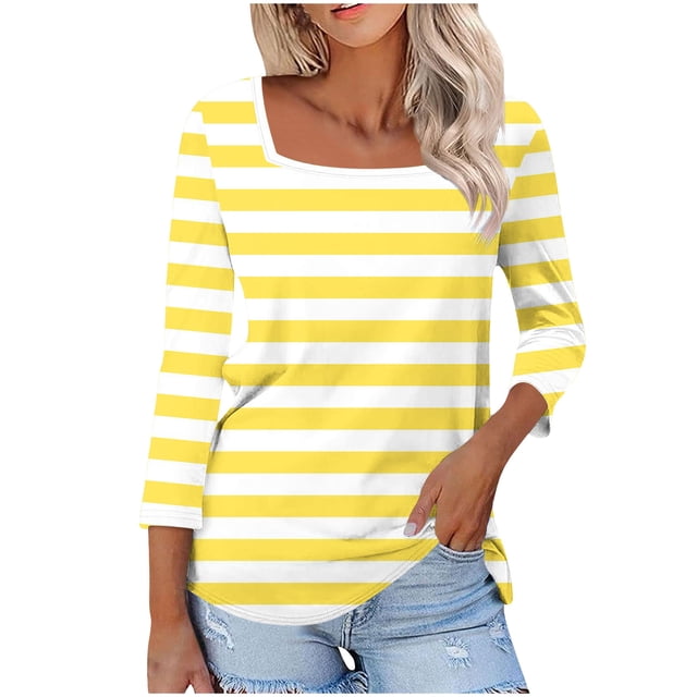 breaise Chemises à Manches 3/4 pour Femmes, Automne, Rayées, Col Ras du Cou, Hauts Habillés Décontractés, Amples, Blouses de Travail Trois Quarts, Jaune, M
