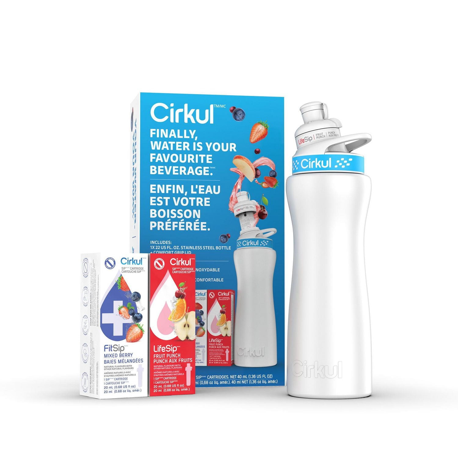 Cirkul 22oz White Stainless Steel Water Bottle Starter Kit with Blue Lid and 2 Flavour Cartridges (Fruit Punch & Mixed Berry)