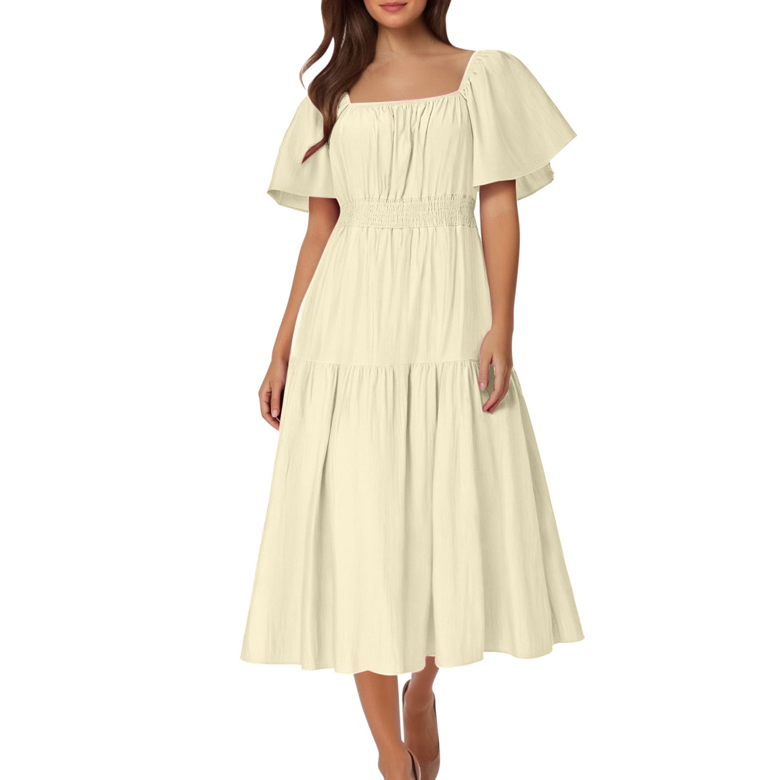 Liquidation d'Économies d'Été 2025 Bovxnpu Robe d'Été pour Femme, Robes Maxi Décontractées pour Femme Robe Bohème de Plage, Robe d'Été Décontractée pour Femme à Encolure Carrée à Manches Courtes Unie TTTG