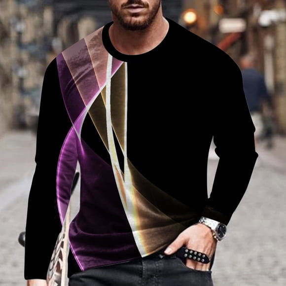 Meichang Long Sleeve T Shirt Men Tall,Graphic Tees for Men Trendy 3D Optical Illusion Print T-Shirts Funny Crew Neck Gym Long Sleeve Shirts for Men