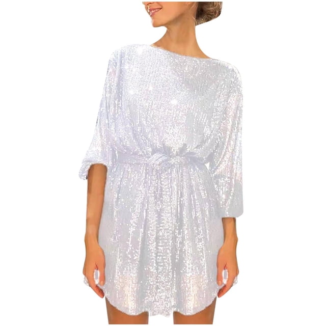 Robe à Manches Longues pour Femmes Mode pour Femmes Col Ras du Cou à Paillettes Robe Courte Unie à Manches Longues Robe de Soirée Robe Formelle