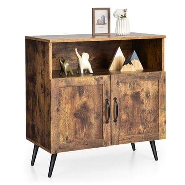Costway Mid-century Storage Cabinet Sideboard w/ Doors Wine Glass Racks Rustic Brown