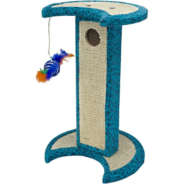 Penn Plax Tour Lune Croissante Léopard Bleu avec Recharge, Poteau à Griffer pour Chat avec une base et un Dessus en Forme de Demi-Lune Recouverts de Velours à Imprimé Léopard Bleu, Comprenant des Panneaux en sisal Durables sur les Deux Côtés, un Jouet Plume Suspendu et un Coussinet à Griffer Circulaire en sisal dans la Colonne Centrale, Convient aux Chats pour Griffer, Grimper et Se Percher.