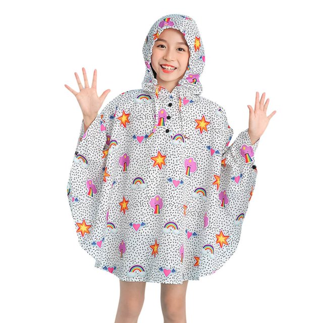 Children‘s Boys Girls Dinosaur Rainbow Printed Button Rain Jacket Hooded Windproof Raincoat