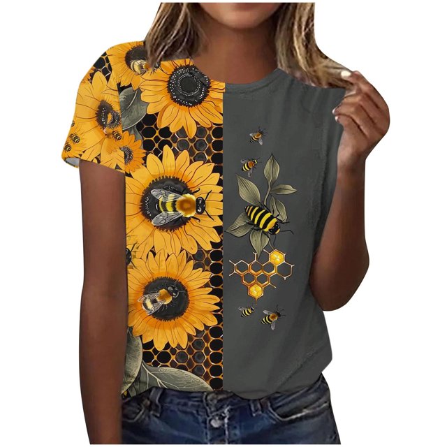 Pisexur Hauts d'Été pour Femmes, Hauts pour Dames, Hauts pour Femmes, Chandail Décontracté à la Mode pour Femmes Imprimé à Manches Courtes à Col Rond Multicolore, 3TG